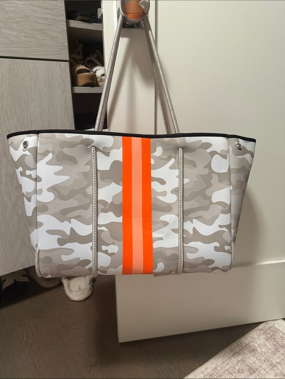 Haute Shore Camo Greyson Tote Gray Camo Neoprene Tote with Bright Orange Stripe